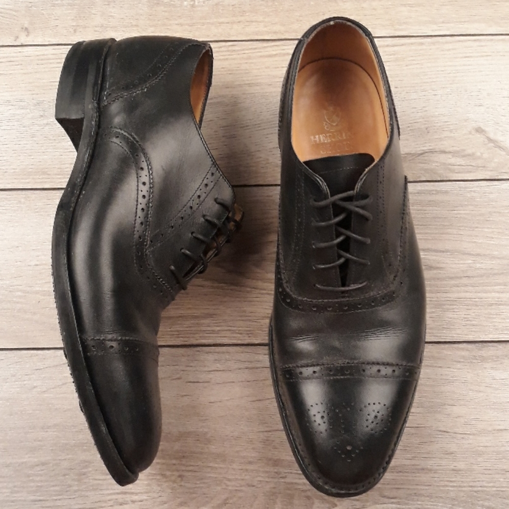 HERRING SHOES Barker‎ Black Leather Cap Toe Sz 8 F Mens Dress Shoes
